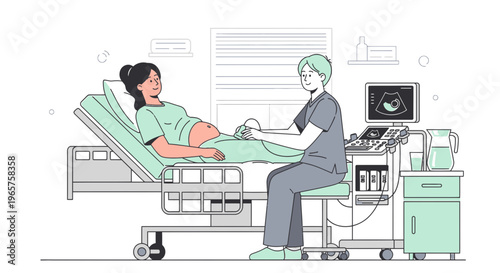 Pregnant Woman Undergoing Ultrasound Examination in Medical Clinic with Doctor