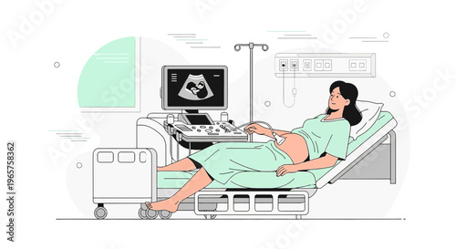 Pregnant Woman Undergoing Ultrasound Examination in Hospital Room