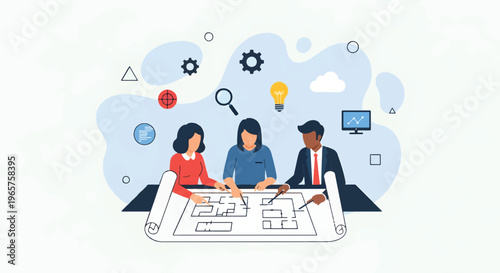 Three business professionals collaborating on a project with a large tablet and brainstorming ideas in a modern office setting with various icons floating above them