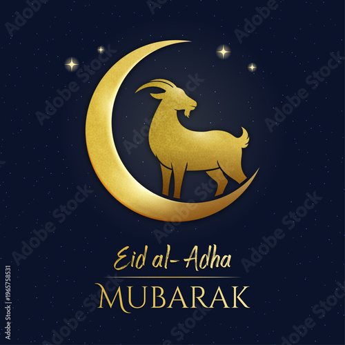 Luxury Eid al Adha Mubarak Gold Goat Silhouette Islamic Crescent Moon Elegant Greeting Design, Bakra Eid Qurbani Festival Vector Background