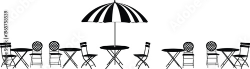 outdoor cafe silhouette set, patio table chairs with umbrella, restaurant seating collection, street cafe furniture, isolated, minimal design, dining concept