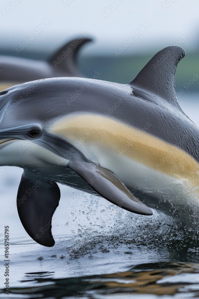 Obraz premium Two playful dolphins leaping out of the ocean, great for beach or aquatic themed designs