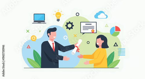 A modern flat vector illustration shows a businessman and woman shaking hands with various icons floating above them in a green and blue environment.