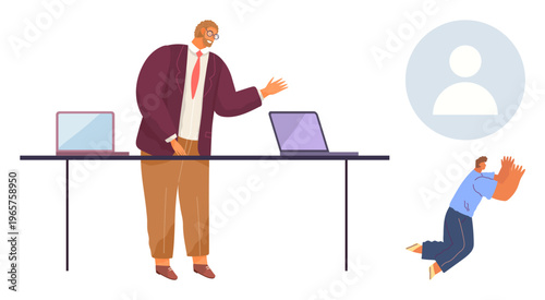 Workplace dynamics, leadership, conflict resolution, teamwork, communication, office culture. A manager stands at a desk with laptops as an employee gestures in apology. Leadership and workplace