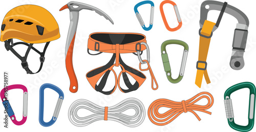 Set of climbing equipment illustrations featuring a safety helmet, ice axe, harness, ropes, and various colorful carabiners isolated on white background for outdoor sports.
