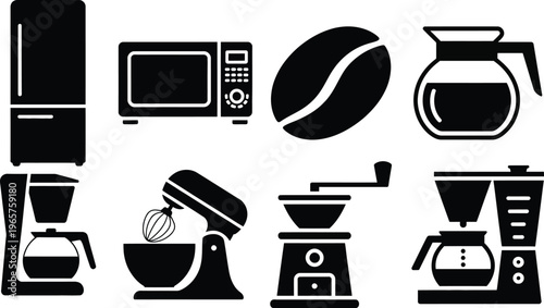 Collection of kitchen appliances and coffee-related items in black and white icons