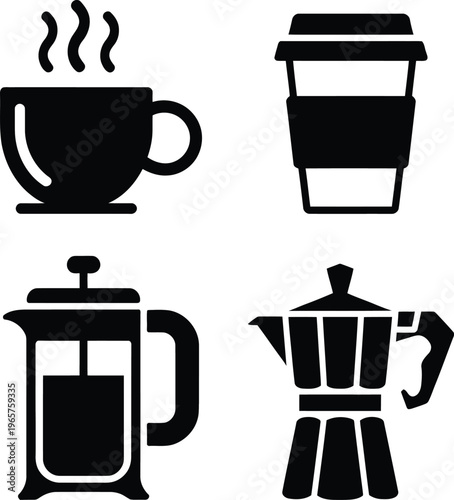 Four classic coffee preparation and serving icons displayed in black and white