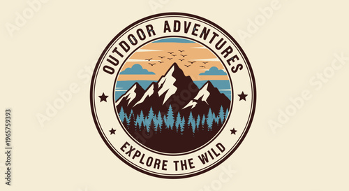 Outdoor Adventures Explore The Wild Badge with Mountain Landscape and Sunset on a Light Beige Background.