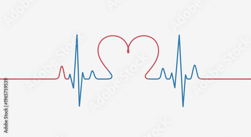 Red Heart and Blue Heartbeat Line on Light Gray Background.