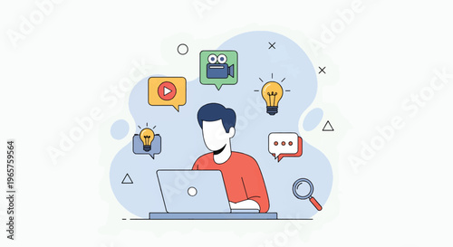 A modern professional works on a laptop with creative thoughts and icons floating above in a contemporary office environment with technology.