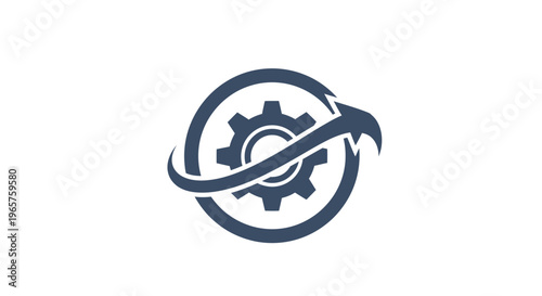 Integrated gear and arrow logo design symbolizing efficiency, mechanics, and forward momentum, isolated white background.