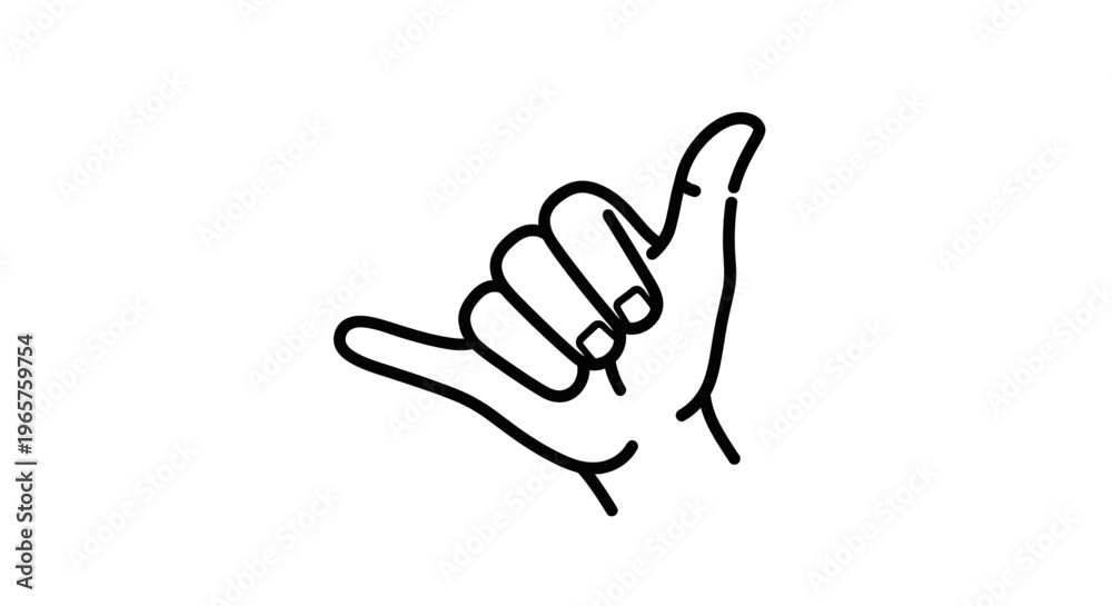 Fototapeta premium Line art drawing of a human hand showing the shaka gesture, isolated white background.