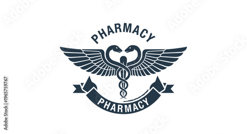 Pharmacy logo with caduceus symbol and wings on an isolated white background.