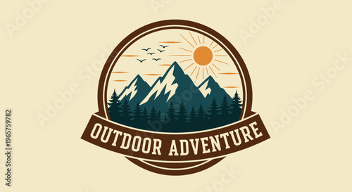 Outdoor Adventure Emblem with Mountains, Pine Trees, Sun, and Birds in Round Frame on light beige background.