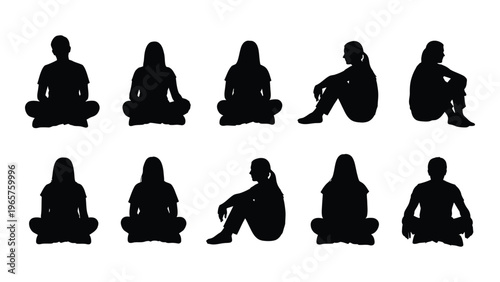 A collection of ten people in various seated and contemplative poses depicted as a striking silhouette high quality professional