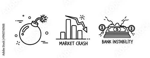 Economic crisis icons: bomb, market crash, bank instability