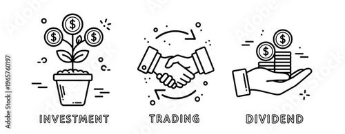 Investment trading and dividend concepts illustrated with plant, handshake, and coins