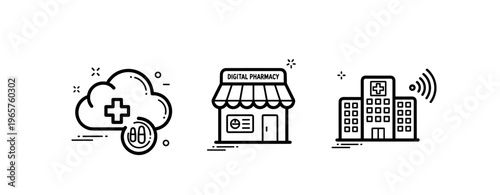 Digital pharmacy concept with cloud medicine and hospital icons