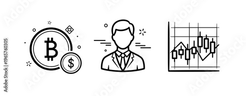 Cryptocurrency trading concept with bitcoin icon and businessman graph illustration