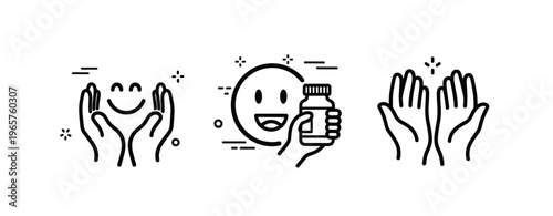 Minimalist line art: happy face, smiling emoji with bottle, applauding hands