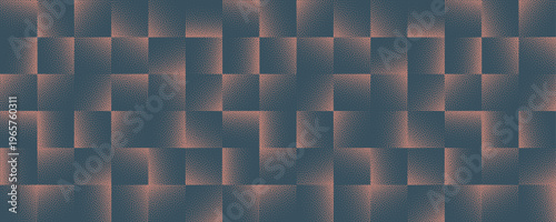 Vector abstract wide panoramic background with retro checkered grid in warm brown tones. Halftone dot transitions create grainy texture with vintage faded look, ideal for fashion and nostalgic layouts