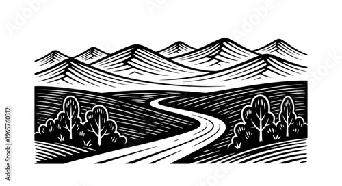Black and white road landscape.