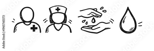 Handwashing and healthcare symbols - medical staff and hygiene icons in black and white