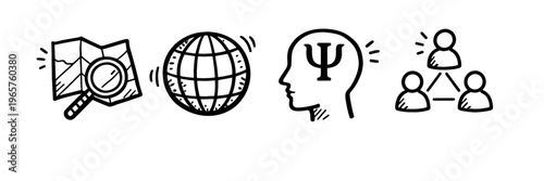 Hand-drawn icons of map exploration, global connectivity, psychology, and teamwork