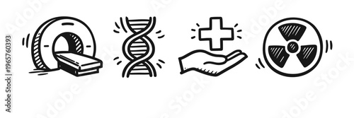 Medical icons: mri, dna helix, healthcare, radiation symbols