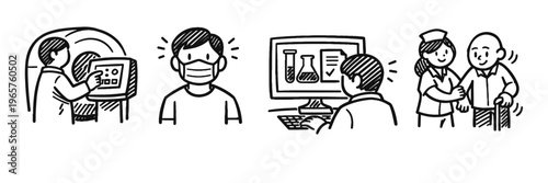 Medical procedures and care: mri, masked patient, lab testing, nurse assisting elderly man