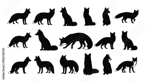 A collection of various black fox shapes displayed in different poses and orientations forming a striking silhouette high quality