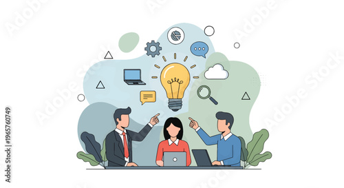 Three business professionals brainstorm creative ideas with a lightbulb floating above their heads in an office setting with laptops.