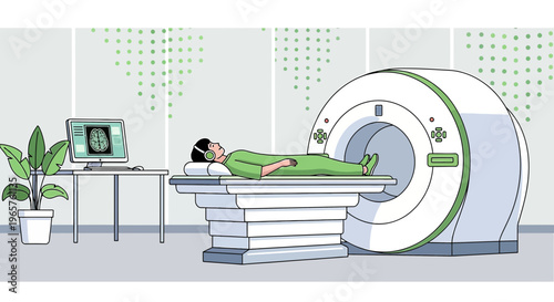 Patient undergoing MRI scan in modern medical imaging room with computer display