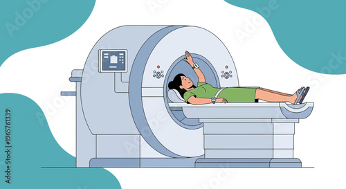 Patient undergoing MRI scan with arm raised, medical technology, diagnostic imaging