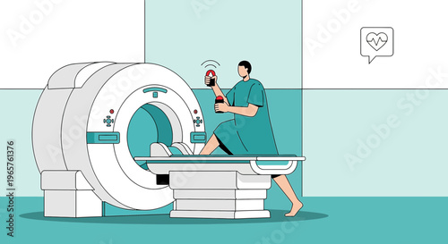 Patient undergoing MRI scan with doctor holding device, medical technology concept