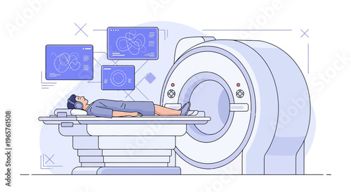 Patient Undergoing MRI Scan with Futuristic Medical Technology and Brain Scans