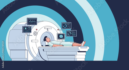 Patient undergoing MRI scan with futuristic medical technology and data visualization