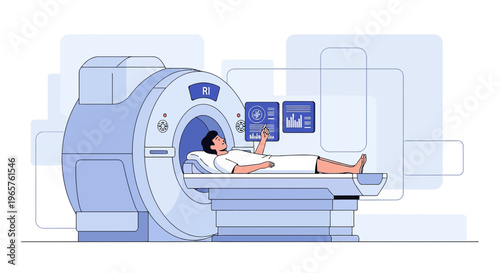 Patient undergoing MRI scan with futuristic technology and data visualization