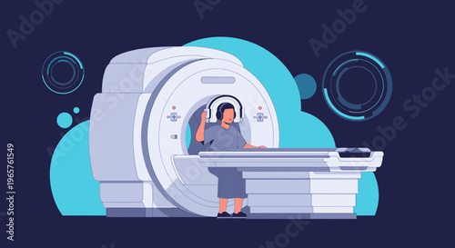 Patient undergoing MRI scan with headphones for comfort, advanced medical technology