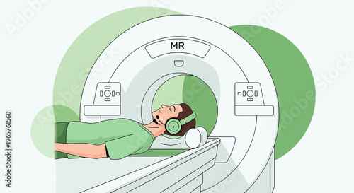 Patient undergoing MRI scan with headphones for comfort and noise reduction in a modern medical facility.