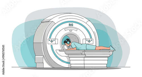 Patient undergoing MRI scan with headphones for comfort, medical technology examination