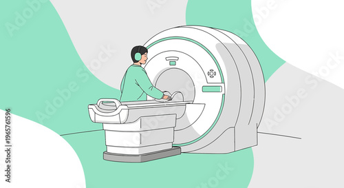 Patient undergoing MRI scan with headphones for comfort, medical technology illustration