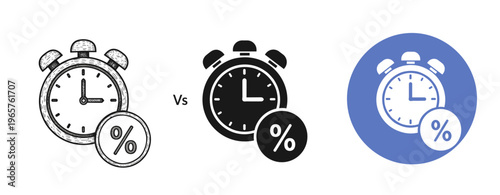 Clock and percentage icons: comparative concept illustration