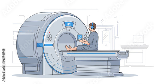 Patient undergoing MRI scan with headphones, lying on examination table in modern medical equipment room.