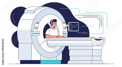 Patient undergoing MRI scan with headphones in a modern medical imaging facility