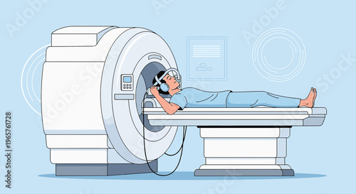 Patient undergoing MRI scan with headphones, medical imaging technology, healthcare concept