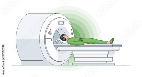 Patient undergoing MRI scan with headphones, medical imaging technology, healthcare concept