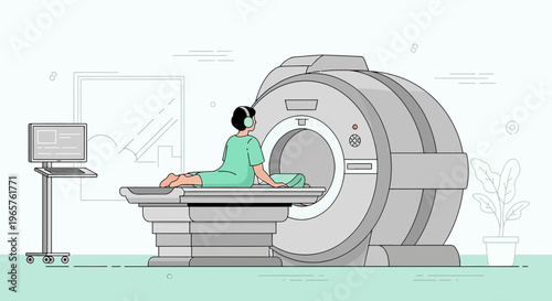 Patient undergoing MRI scan with headphones, medical technology, diagnostic imaging