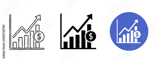 Rising bar graph with dollar symbol - three icon variations in black and blue