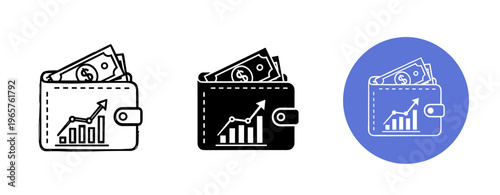 Set of wallet icons with money and growth chart symbols in black and blue